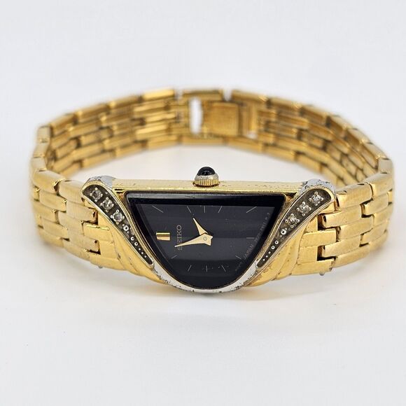 VTG Seiko Half Moon Women\'s Watch 14MM Black Dial Gold Band 6\